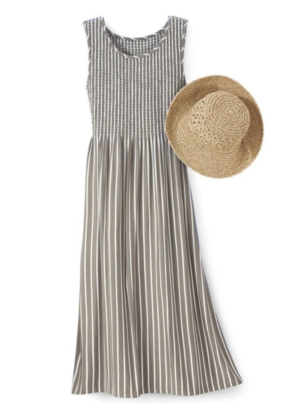 Northstyle Smocked Striped Maxi Dress Sleeveless Gathered Skirt S Taupe White